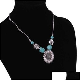 Pendant Necklaces Womens Sunflower Tibetan Sier Turquoise Gstqn002 Fashion Gift National Style Women Diy Necklace Pendants Drop Deli Dhdvk