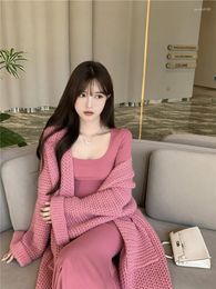 Work Dresses Sweet Pink Two Peice Sets For Women 2023 Casual Long Oversize Cardigan & Sexy Mermaid Dress Fashion 2 Pieces Knitted Suits