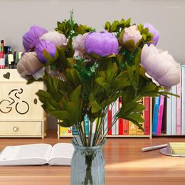 Decorative Flowers 2X 13head Artificial Peony Bouquet Flower Wedding Party Fake Bunch Plant Leaves Purple