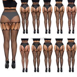 Socks Hosiery New Plus Size Fishnet Stocking Garter Sexy Women Tight Open Crotch High Waist Lingerie Fishnet Pantyhose Crotchless Mesh Tight Y23