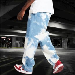 Men's Jeans Straight Denim Pants Tie Dye Print Sky Jeans Men Casual Loose Blue Long Hip Hop Trousers