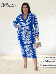 T-Shirt Wmstar Plus Size Dresses for Women Printed V Neck Long Sleeve Shirts Maxi Dress Elegant Office Lady Wholesale Dropshipping 2022