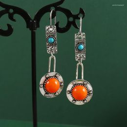 Dangle Earrings Bohemian Coral Color Stone Vintage Metal Carved Pattern Handmade Drop For Women Engagement Party Jewelry