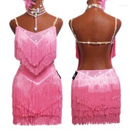 Stage Wear Latin Dance Dress Lady Performance Girls Gatsby Women Competition Costume Pink Fringe BL2555