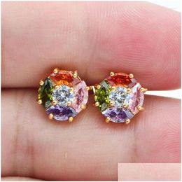 Stud Earrings Luxury 925 Sier Needle Gold Plated Rainbow Cubic Zirconia Fashion Ladies Simple Round Mini Gift Drop Delivery J Dhgarden Dhj7W