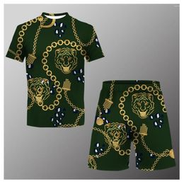 Men's Tracksuits Summer Men's Round Neck T-shirt 2-piece Printed Beach Shorts Set Casual Fashion Asian Size XS-6XL