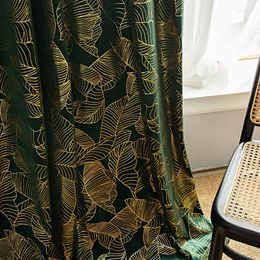 Curtain Velvet For Livingroom Bedroom Window Curtains Golden Leaves Valance Dark Green Blackout Rod Pocket