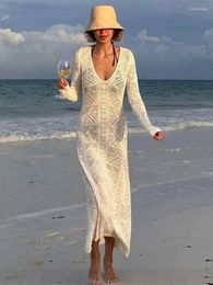 Casual Dresses Sexy Knitted See Through Bodycon Cutout Dress Women Fashion Deep V Neck Long Sleeve Maxi 2023 Autumn Elegant Beach Robe