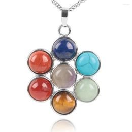 Pendant Necklaces Natural Stone Seven Chakra Ball Beads Flower Gem Men's And Women's Reiki Healing Necklace Stainless Steel Charm