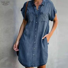 Grundlegende Freizeitkleider Ankunft Sommer Damen Jeanskleid Kurze Ärmel Lose A-Wort-Kleider Übergrößen V-Ausschnitt Feste Denim-Kleider Hemdkleid 17139 230524