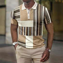 Men's Polos Men's Polo Shirt Striped Short Sleeve T-shirt Man Breathable Business Leisure Button-down Tshirt Casual Summer Streetwear Blouse 230524