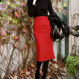 Dresses Winter Wool Skirt 7xl Skirts High Waist Long Red Midi Bandage Pencil Skirts Plus Size Saias Femininas Formal Bodycon skirts