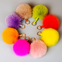 Big 10cm Fluffy Real Fox Fur Ball Pom Poms Natural Fur Pompom Leather Strap Keychain Key Chain Ring Pendant For Women Charm