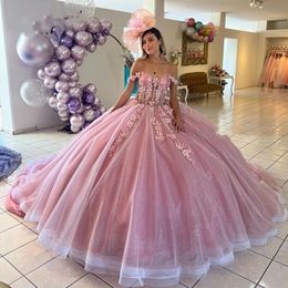 Princess Pink Lace Quinceanera Dresses Off Shoulder Plus Size Vestidos Para Prom Party Gowns For Sweet 16 Girls