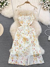 Casual Dresses Summer French Floral Women Sexy High Waist Lace Up Spaghetti Strap Shrinking Slim A-line Split Dress