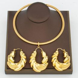 Necklace Earrings Set Hoop And Pendant Jewellery African Gold Colour Women Fashion For Engagement Party Gifts Daily Accessory