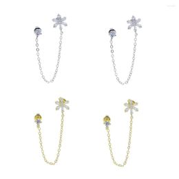 Stud Earrings Romantic Tassel Chain Simple Prong Set CZ Dainty Cute Lovely Zirconia Flower Double Piercing Earring