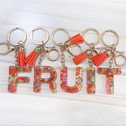 Fashion Fruit Elements A-Z 26 Letters Resin Keychain With Tassel Women Initial Letter Key Ring For Girls Handbag Ornaments