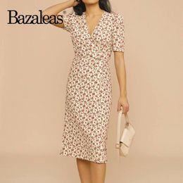 Dresses Bazaleas France Red Floral Print Wrap Over Vestidos Retro Short Sleeve Gabin Dresses Vintage Side Buttons Split Midi Women Dress