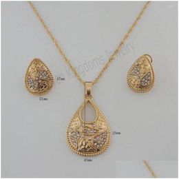 Earrings Necklace Set Foromance / Yellow Gold Plated 18 Water Wave Drop Shaped Flower Pattern Pendant Stud Clip Earring De Dhgarden Dhias