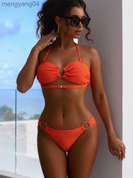 Women's Swimwear Sexy Solid Bikini Set Halter Metal Ring Buckle Bandage Women Swimsuit 2023 New Low Waist Triangle Swimwear Push Up Bathing Suit T230524