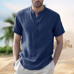 Men's Dress Shirts Casual Mens Cotton Linen Henley Beach Yoga Summer Solid Shirt Tops Short Sleeve Hawaiian For Men US Size