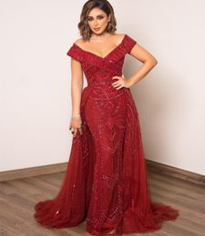2023 Angham Aso Ebi Red Mermaid Prom Dress Sequined Lace Luxurious Evening Formal Party Second Reception Birthday Engagement Gowns Dress Robe De Soiree ZJ322