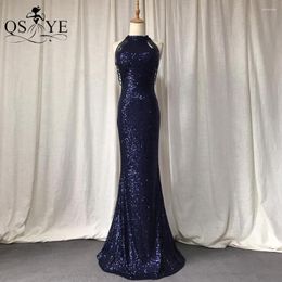 Party Dresses Navy Evening Sequin Mermaid Beading Crystals Prom Gown High Neck Off Shoulder Sparkle Women Fitted Formal Dress