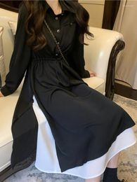 Casual Dresses QWEEK Korean Style Black Shirt Dress Wome Kpop School Student Midi Turn-down Collar 2023 Autumn Fashion