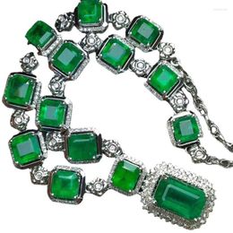 Chains Luxury Long Square Imitation Natural Zambian Emerald Pendant Necklace Set
