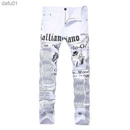 Men's Jeans Men's Jeans Men Straight Slim Fit Skinny White Colour Pants Letter Printed Fashion Male Denim Trousers Drop L230520