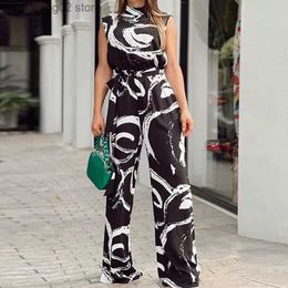 Women's Jumpsuits Rompers 2023 Bodysuit Fashion Personality Black Bottom White Printed Round Neck Sleeveless jumpsuit T230524