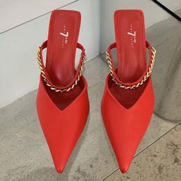 Slippers Sexy Ladies Pointed Toe Chains Band High Heels Women Quality Leather Summer Mules Shoes Woman Party Sandalalias