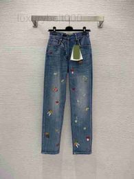 Women's Jeans designer New Heavy Industry Embroidered Small Mushroom Flower Pattern Decoration High Waist Slim Elastic Straight Leg Pants 2LR4