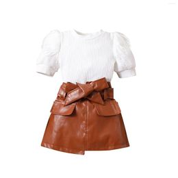 Clothing Sets FOCUSNORM 1-6Y Fashion Little Girls Summer Clothes Fur Sleeve Knitting Tops PU Leather A-Line Skirt With Belt