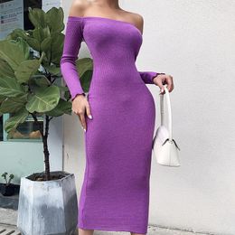 Casual Dresses Spring Sexy Off Shoulder Knitted Pencil Dress For Woman Angle Fashion Solid Skinny Slim Long Sleeve Female Vestidos