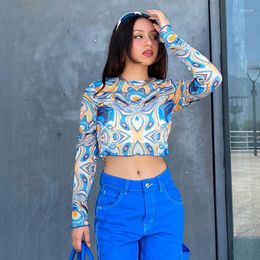 Women's T Shirts Y2k Frill Mesh Sheer Crop Top Long Sleeve Abstract Printed Blue Graphic Streetwear Women Clothes