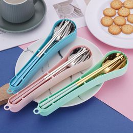 Dinnerware Sets 3/4pcs Portable Stainless Steel Cutlery With Case Fork Spoon Chopsticks Western Students Travel Picnic Set Kitchen