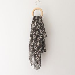 Scarves Black Floral Flower Print Silk Scarf For Women Spring Autumn Thin Light Chiffon Shawl Wraps Bufandas Beach Stoles