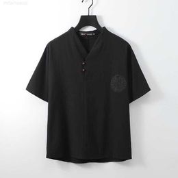 Summer Men's Short Sleeved T-shirt with Chinese Style Coil Buckle Trend Ethnic Cotton Linen Half V-neck Top