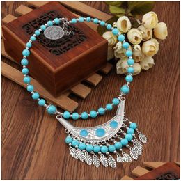 Pendant Necklaces Womens Carved Colorf Beads Tibetan Sier Turquoise Gstqn011 Fashion Gift National Style Women Diy Necklace Drop Del Dhaun