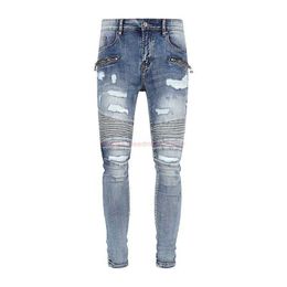 Designer Clothing Amires Jeans Denim Pants Amies Jeans Mens Fashion Brand Light Blue Bull Mx2 Washed Worn Motorcycle Splice Hole Slim Fit High Street Pants Distresse