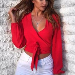 Women's Blouses Spring Summer Autumn Winter Red Deep V Neck Backless Bandage Ruffles Long-sleeved Sexy Women Chiffon Short Blouse