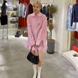 Casual Dresses Pink Harajuku Plaid Sexy Zip Up Shirt Woman E Girl Vintage Kawaii Long Sleeve Mini Dress Indie Korean Fashion Clothes