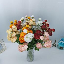 Decorative Flowers 4 Heads Dew Lotus Tea Rose Simulation Bouquet Artificial Silk Flower For Wedding Home Decoration