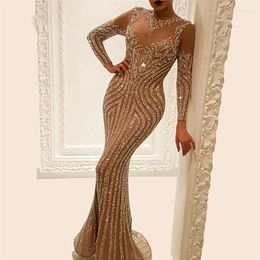 Party Dresses Elegant Golden Sequin Women Long Sleeve See Through Mesh Patchwork Sexy Evening Dress Luxury Gliter Vestidos Robes