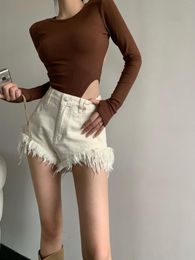 Women's Shorts White Denim Women High-Waist Ripped Fringed Burr Pants 2023 Summer Loose Wide-Leg Korean Style Short Femme