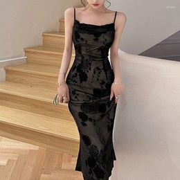 Casual Dresses Summer French Vintage Black Lace Dress Women Elegance V-Neck Strap Long Female Fishtail Vestidos Lady Y2K Clothes