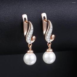 Stud Earrings Davieslee 585 Rose Gold Color White Simulated Pearl For Women Earring Cubic Zirconia Elegant Jewelry LGE143A