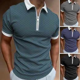 Men's Polos Men Summer Shirt Geometric Print Zipper Decor Pullover Top Slim Fit Short Sleeves Casual Soft Breathable Polyester